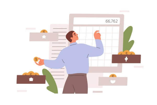 Illustration of a man budgeting with a calculator.